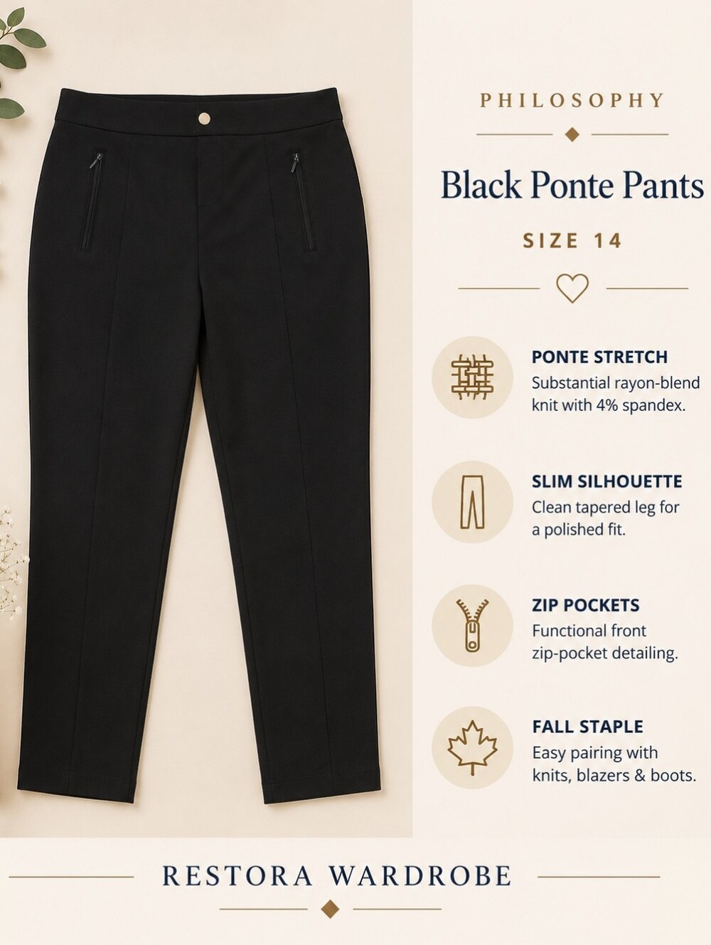 Philosophy Republic Clothing Black Ponte Pants Stretch Size 14 Quiet Luxury